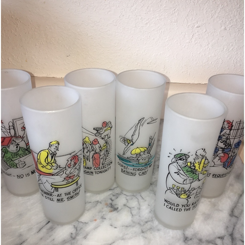Set of 6 MCM Vintage Novelty Cartoon Glass Tumblers Set